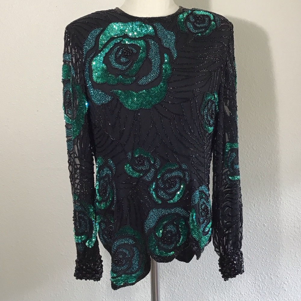 Oleg Cassini Silk Black Beaded Top with Green Sequin Flowers